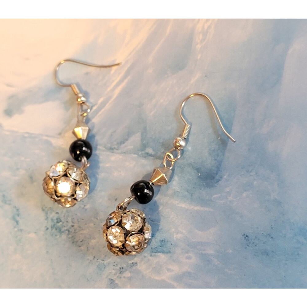 Vintage Black & White Rhinestone Dangle Pierced Earrings 2" Long‎ Lucite kp-24 - Picture 4 of 6